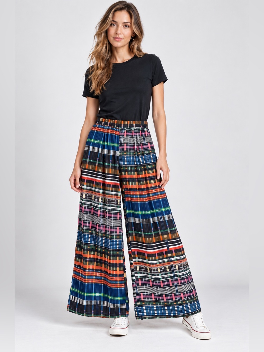 Colorful Plaid Wide Leg Palazzo Pants Small S Patchwork‎ Boho Lagenlook Festival